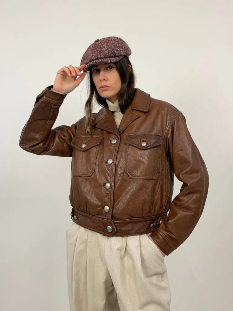 Leather jacket cropped interno in pelliccia
