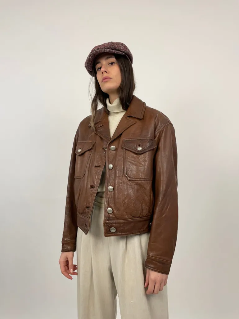 Leather jacket cropped interno in pelliccia